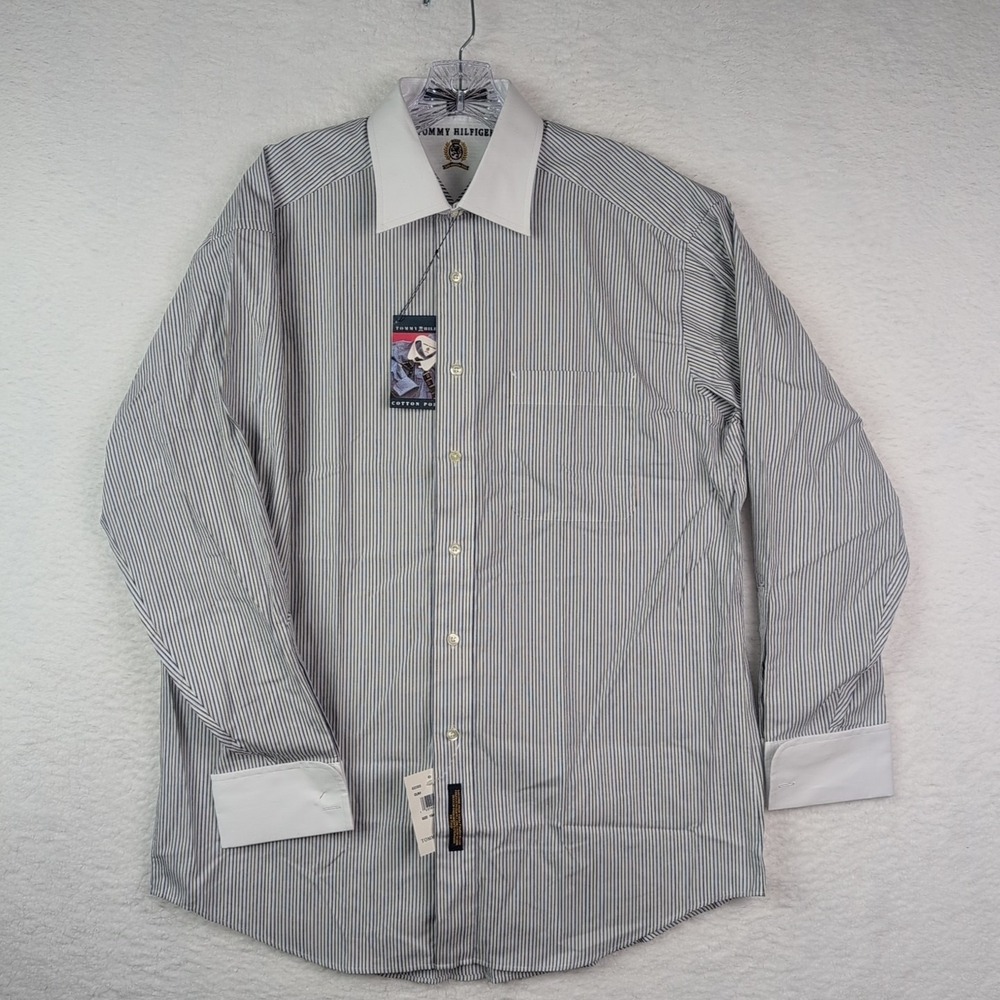 NWT Tommy Hilfiger Dress Shirt Mens 15.5 / 32-33 VTG 90s White Blue Black Stripe